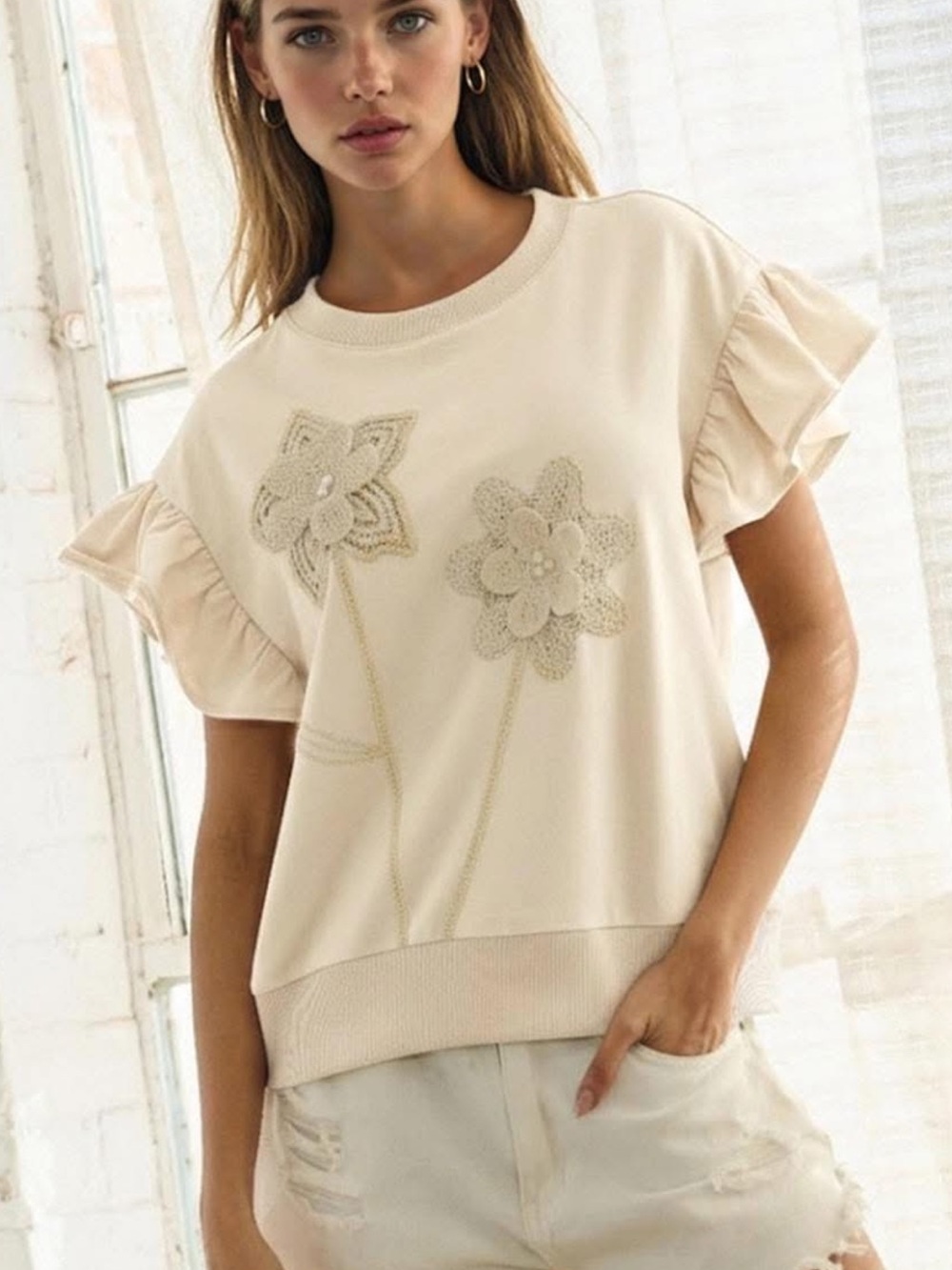 New: Oddi Mixed Patchwork Crochet Floral Appliqué Ruffle Short Sleeve Top• S